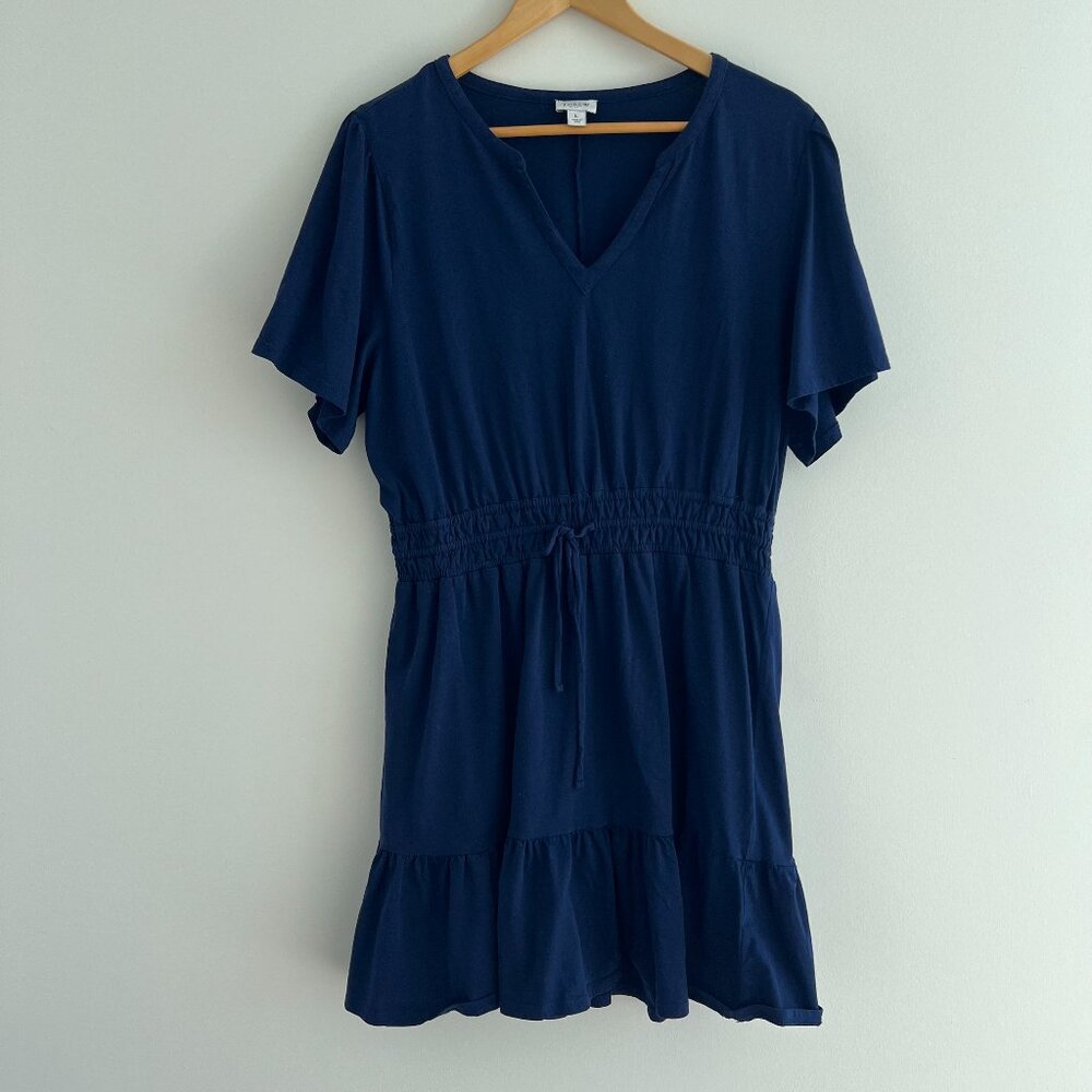 J Crew Navy 100% Cotton‎ V Neck Smocked Waist Tiered Dress Large Summer Casual